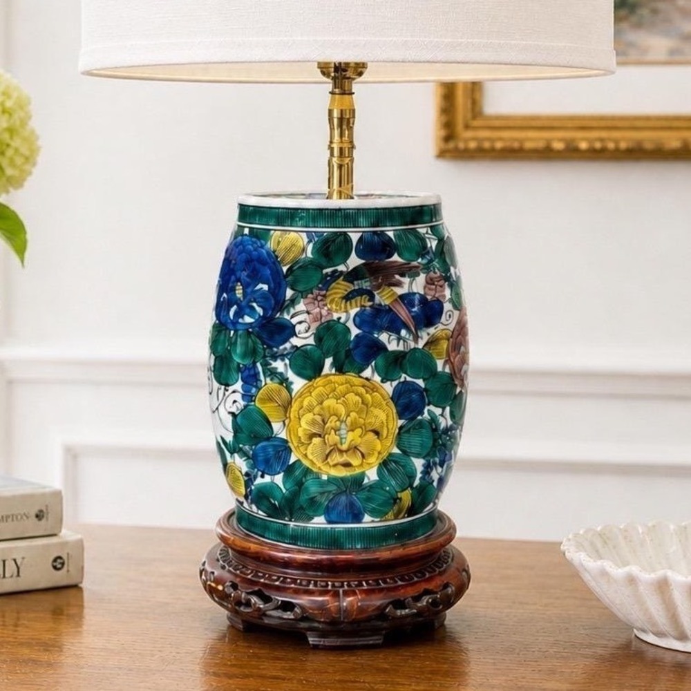 Vintage Japanese Takamakura Porcelain Headrest Signed Hand Painted Table Lamp